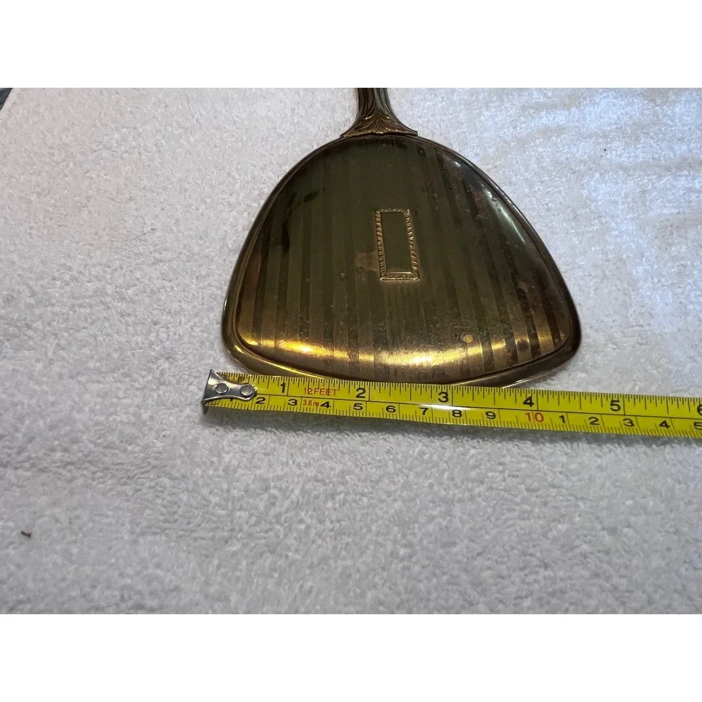 Vintage Art Deco Gold Tone Brass Hand Mirror Striped Vanity Handheld Mirror